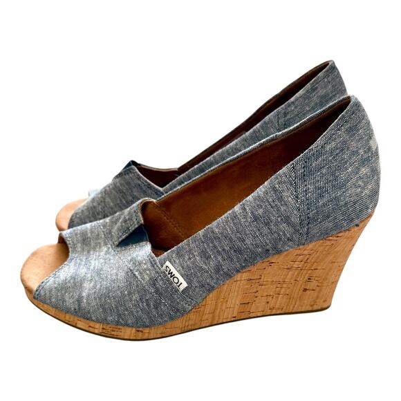 Toms Chambray Peep-Toe Wedge Heels - Picture 1 of 7